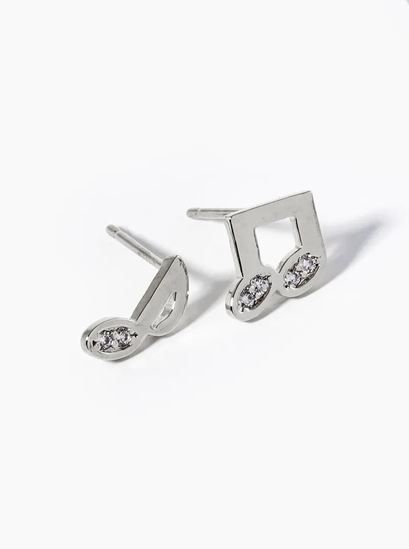 White Gold Dipped CZ Pave Musical Notes Post Stud Earrings