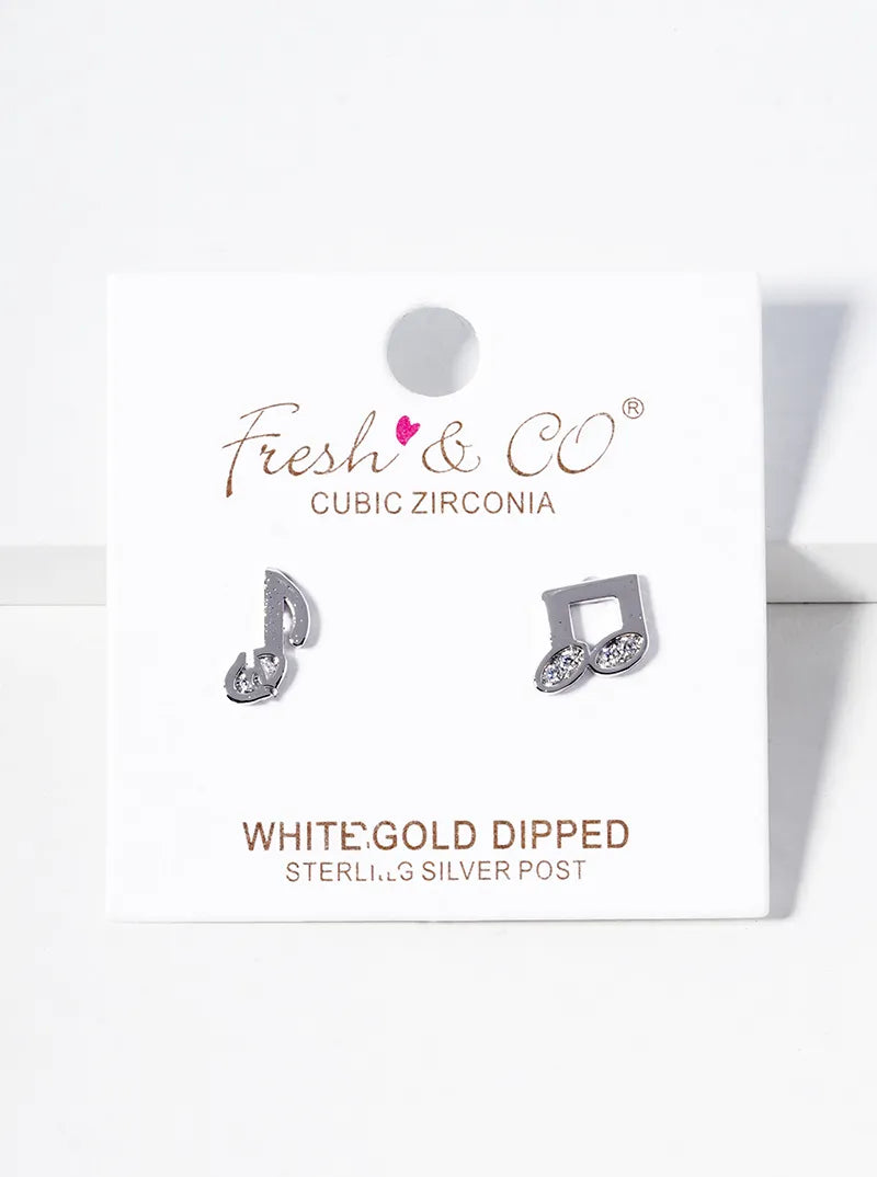White Gold Dipped CZ Pave Musical Notes Post Stud Earrings