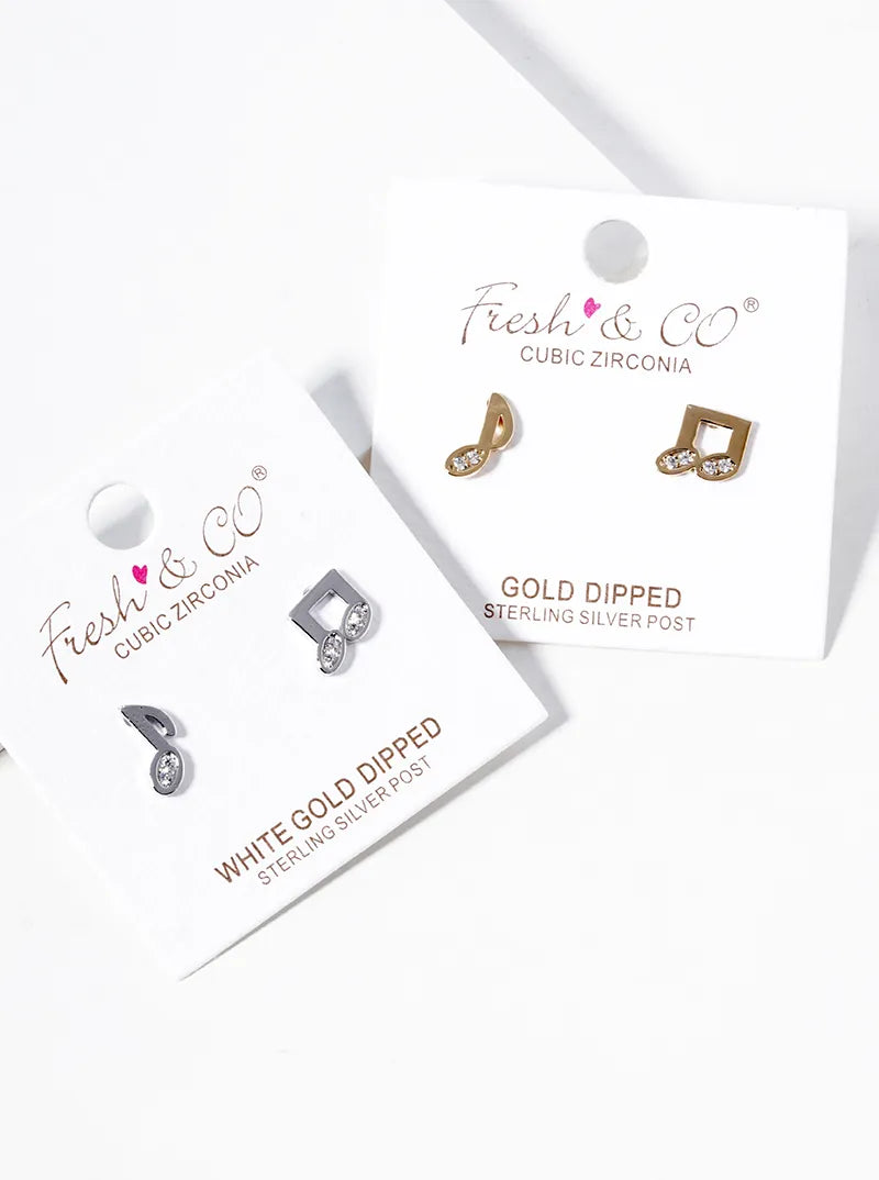 White Gold Dipped CZ Pave Musical Notes Post Stud Earrings