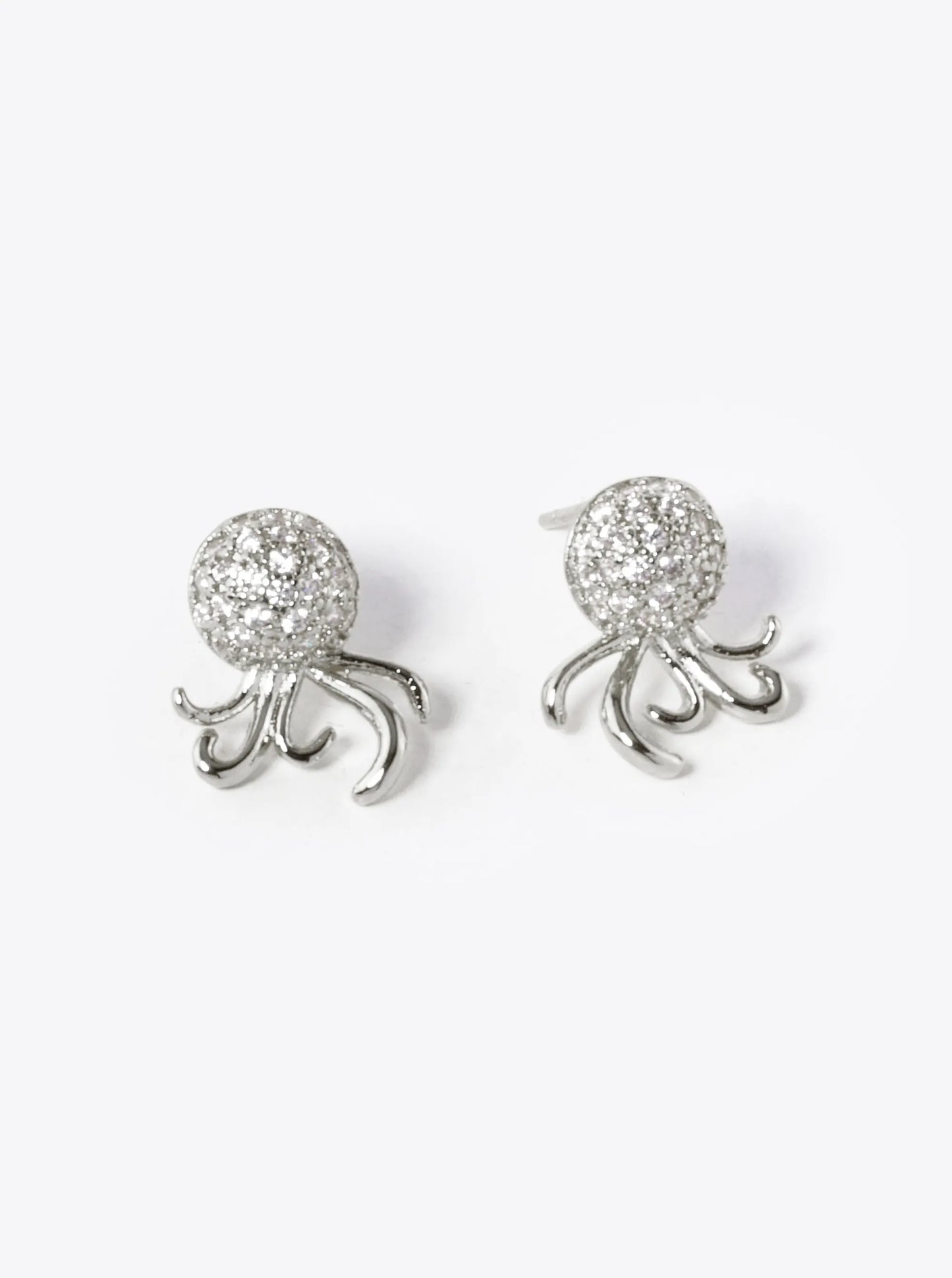 White Gold Dipped CZ Pave Octopus Stud Earrings