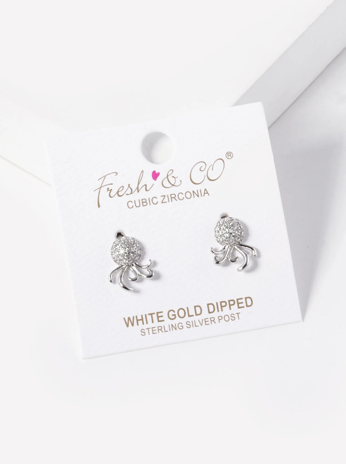 White Gold Dipped CZ Pave Octopus Stud Earrings