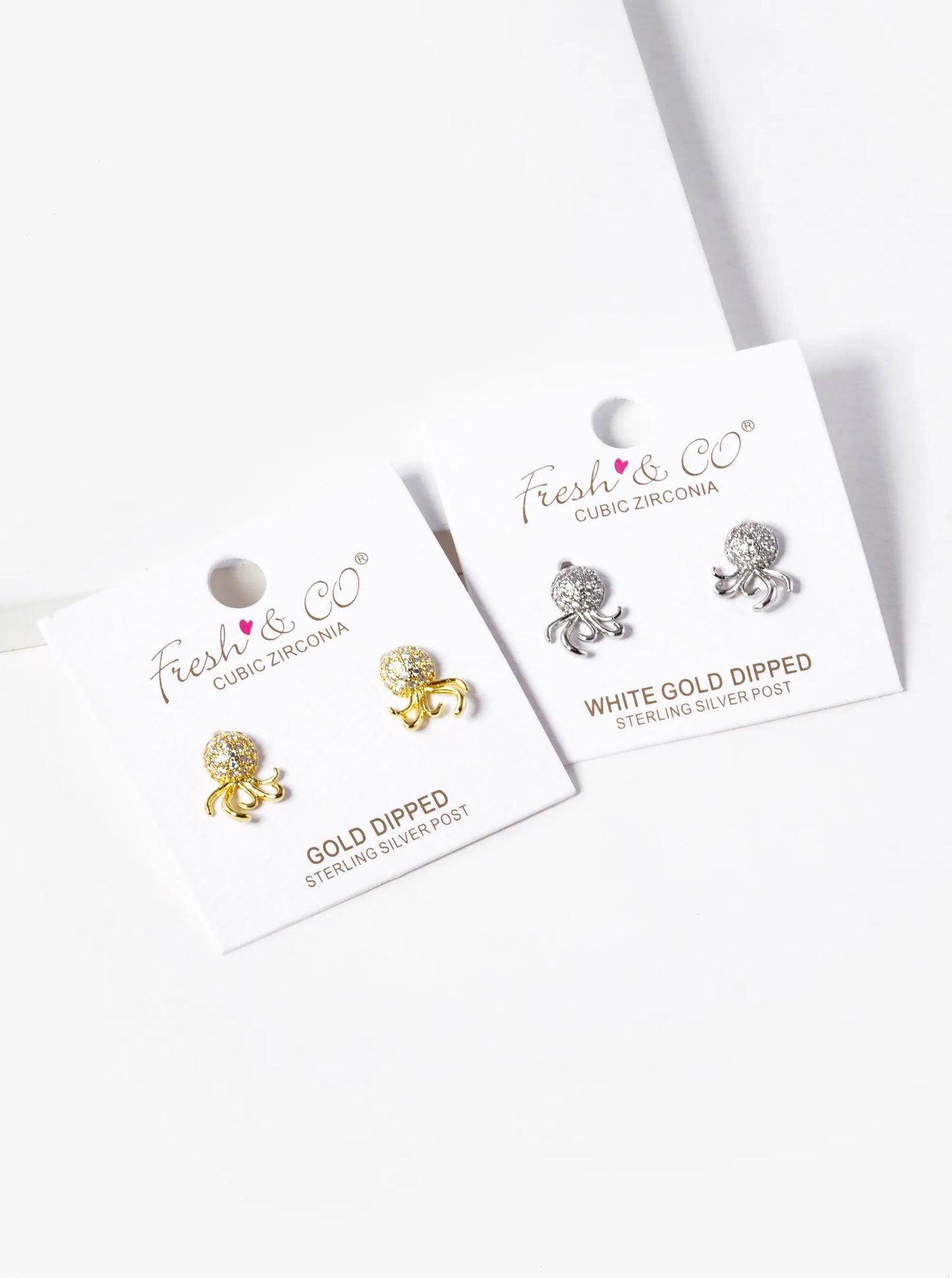 White Gold Dipped CZ Pave Octopus Stud Earrings