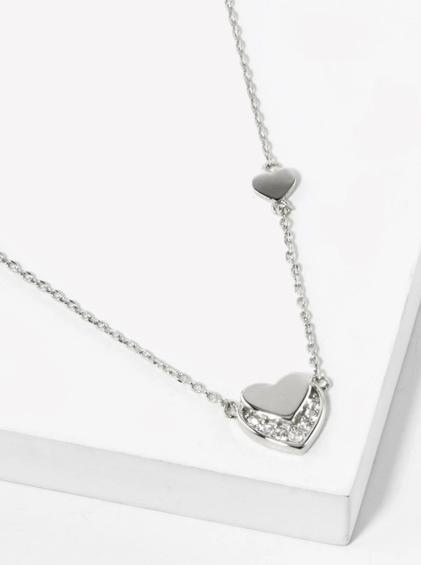 White Gold Dipped CZ Pave Overlapped Two Heart Pendant Necklace