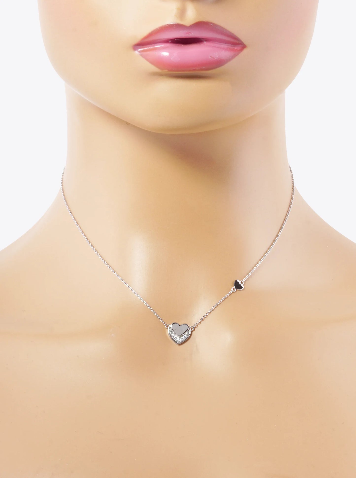 White Gold Dipped CZ Pave Overlapped Two Heart Pendant Necklace