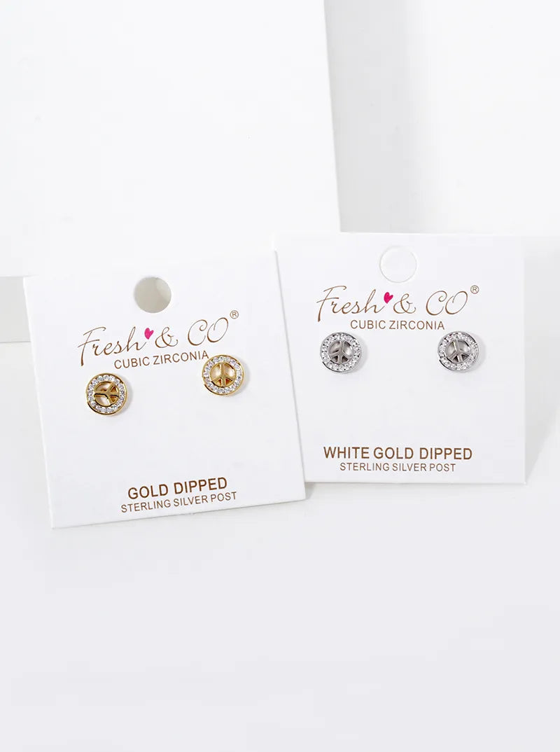 White Gold Dipped CZ Pave Peace Sign Stud Earrings