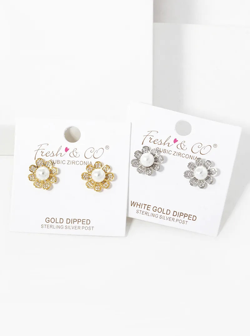 White Gold Dipped CZ Pave Pearl Flower Stud Earrings