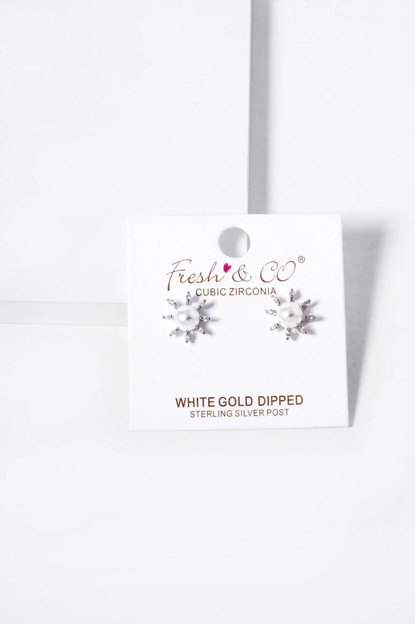 White Gold Dipped CZ Pave Pearl Flower Stud Earrings