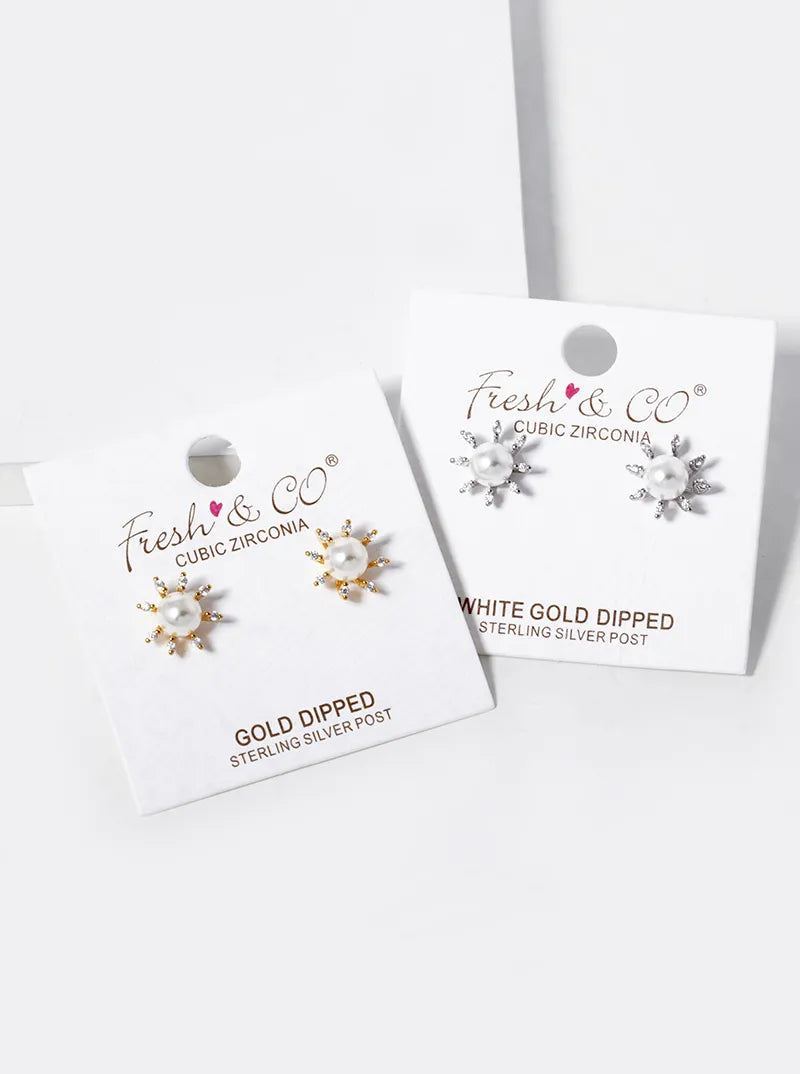 White Gold Dipped CZ Pave Pearl Flower Stud Earrings