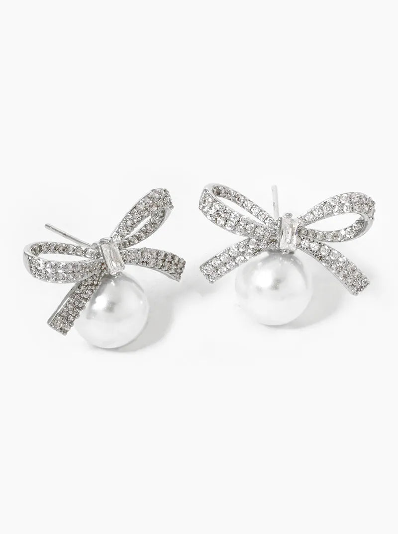 White Gold Dipped CZ Pave Pearl Ribbon Bow Stud Earrings