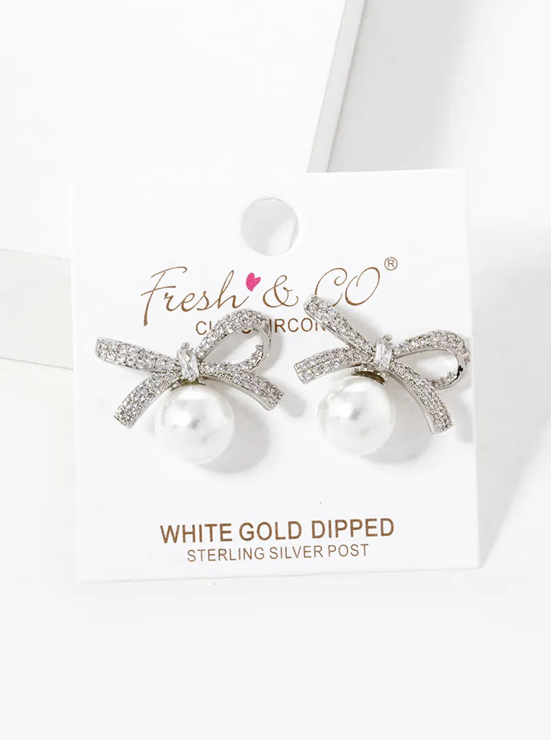 White Gold Dipped CZ Pave Pearl Ribbon Bow Stud Earrings