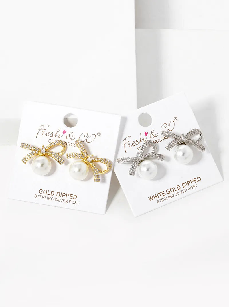 White Gold Dipped CZ Pave Pearl Ribbon Bow Stud Earrings