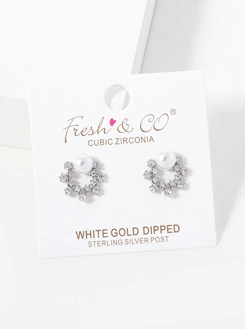 White Gold Dipped CZ Pave Pearl Wreath Stud Earrings