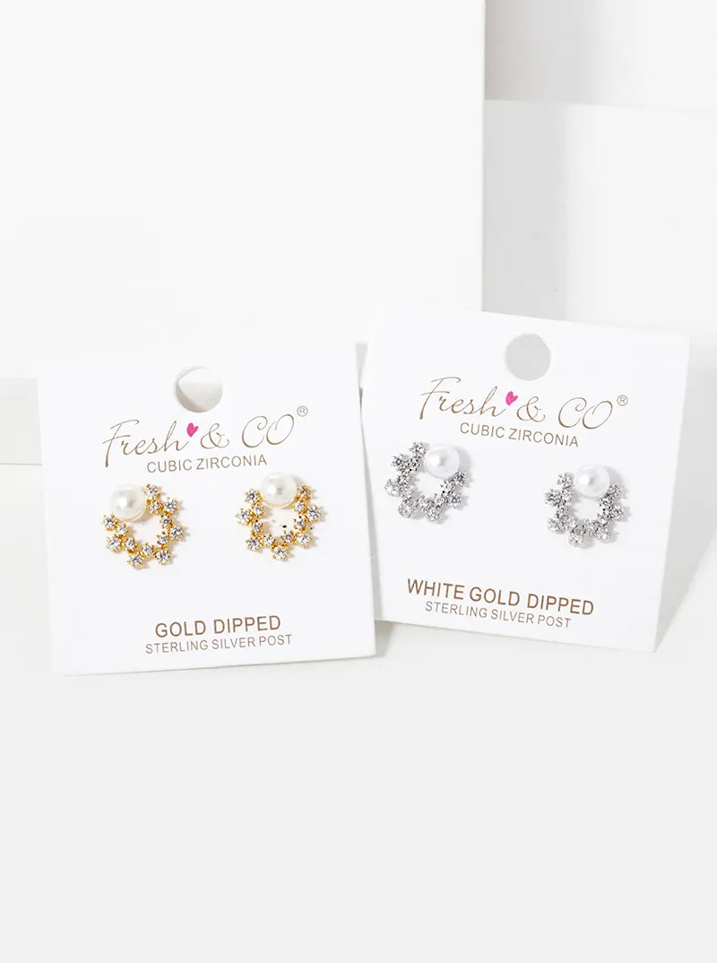 White Gold Dipped CZ Pave Pearl Wreath Stud Earrings