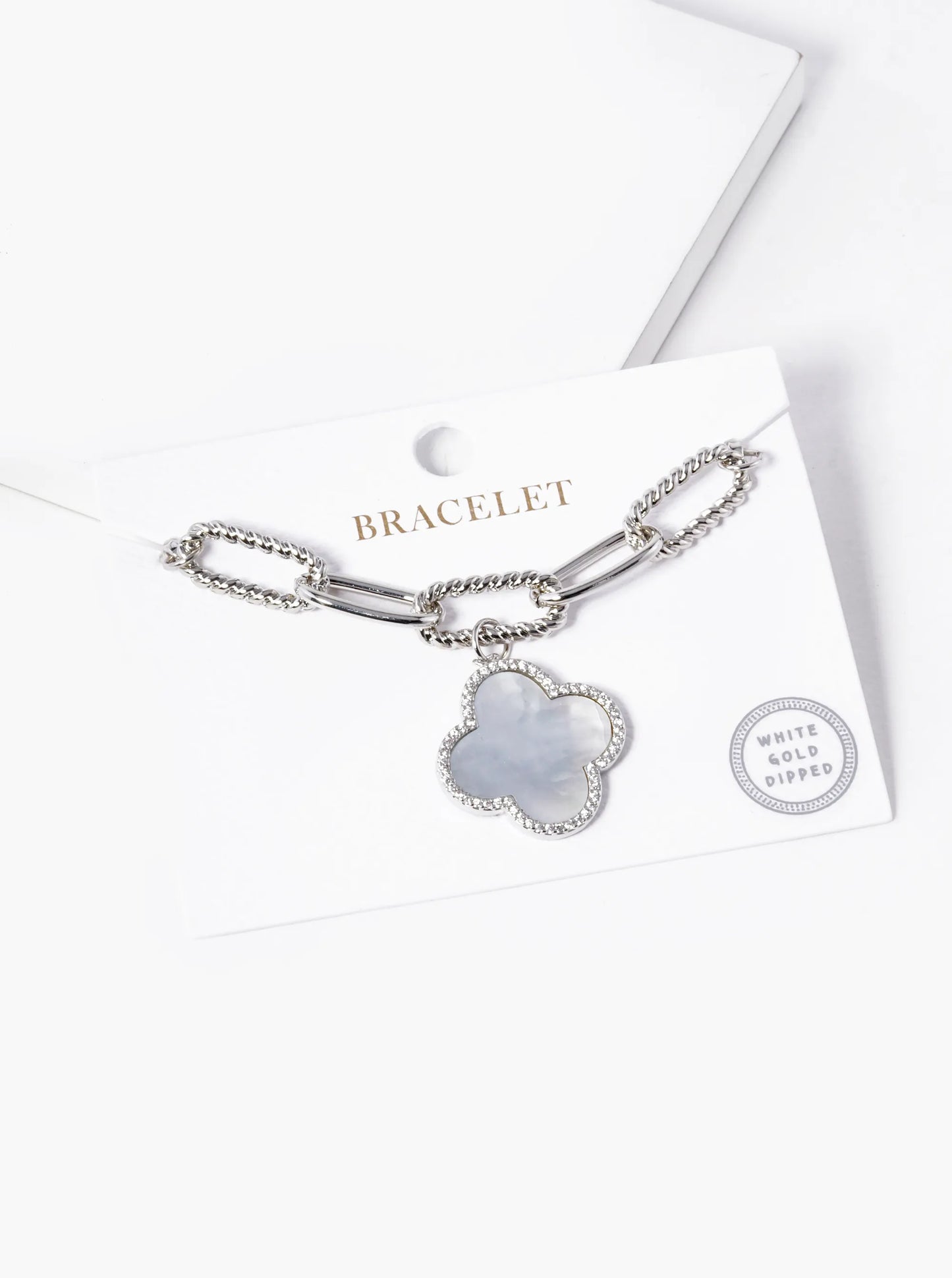 White Gold Dipped CZ Pave Quatrefoil Charm Chain Bracelet