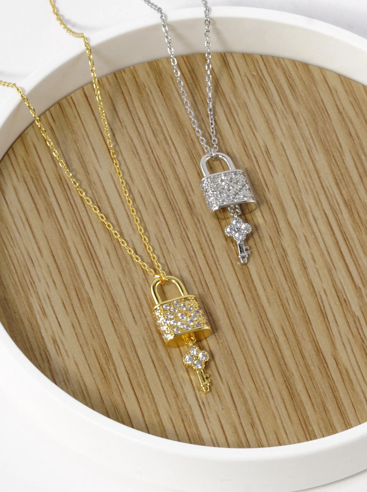White Gold Dipped CZ Pave Quatrefoil Key And Lock Pendant Necklace