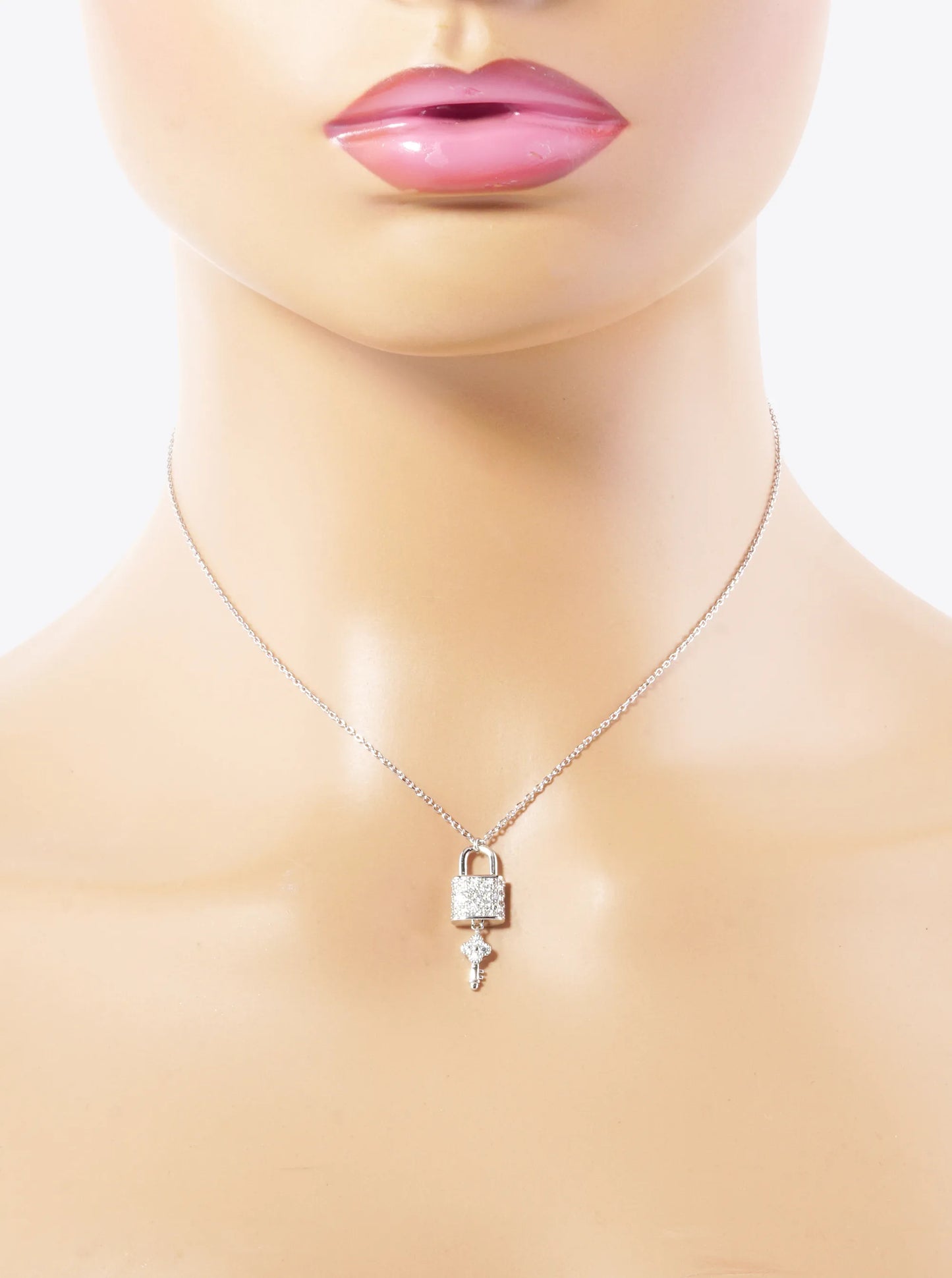 White Gold Dipped CZ Pave Quatrefoil Key And Lock Pendant Necklace