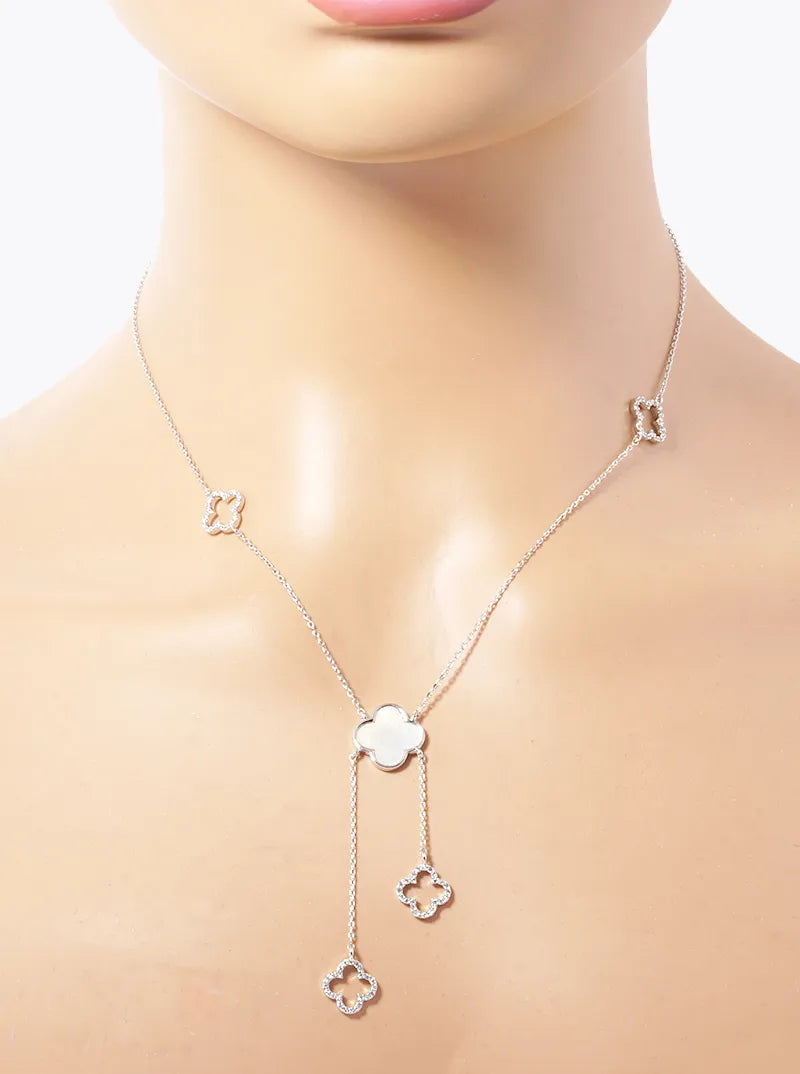 White Gold Dipped CZ Pave Quatrefoil Lariat Necklace
