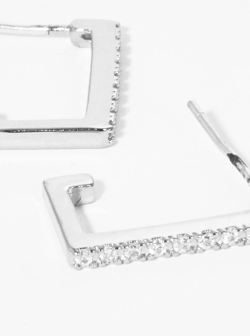 White Gold Dipped CZ Pave Rectangle Brass Earrings With Sterling Silver Post