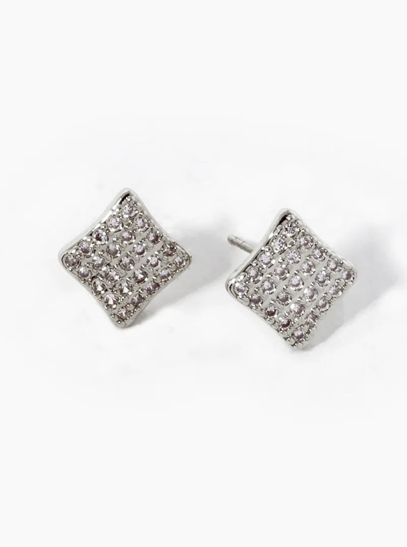 White Gold Dipped CZ Pave Rhombus Shape Stud Earrings