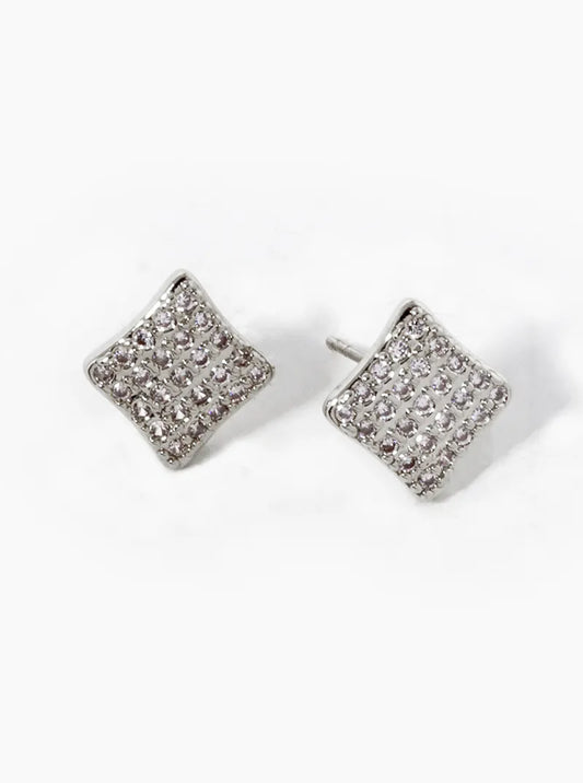 White Gold Dipped CZ Pave Rhombus Shape Stud Earrings