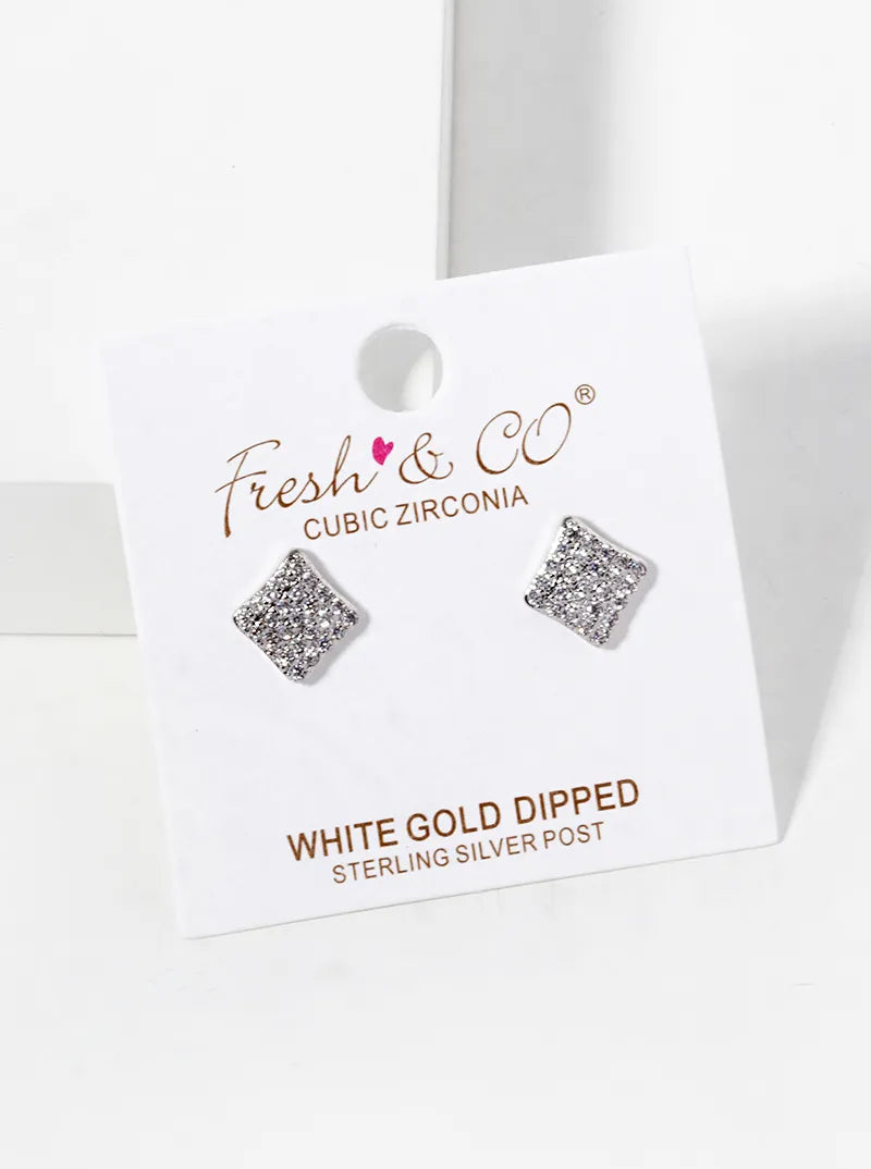 White Gold Dipped CZ Pave Rhombus Shape Stud Earrings