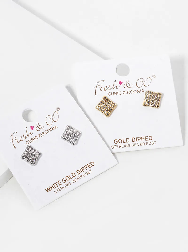 White Gold Dipped CZ Pave Rhombus Shape Stud Earrings