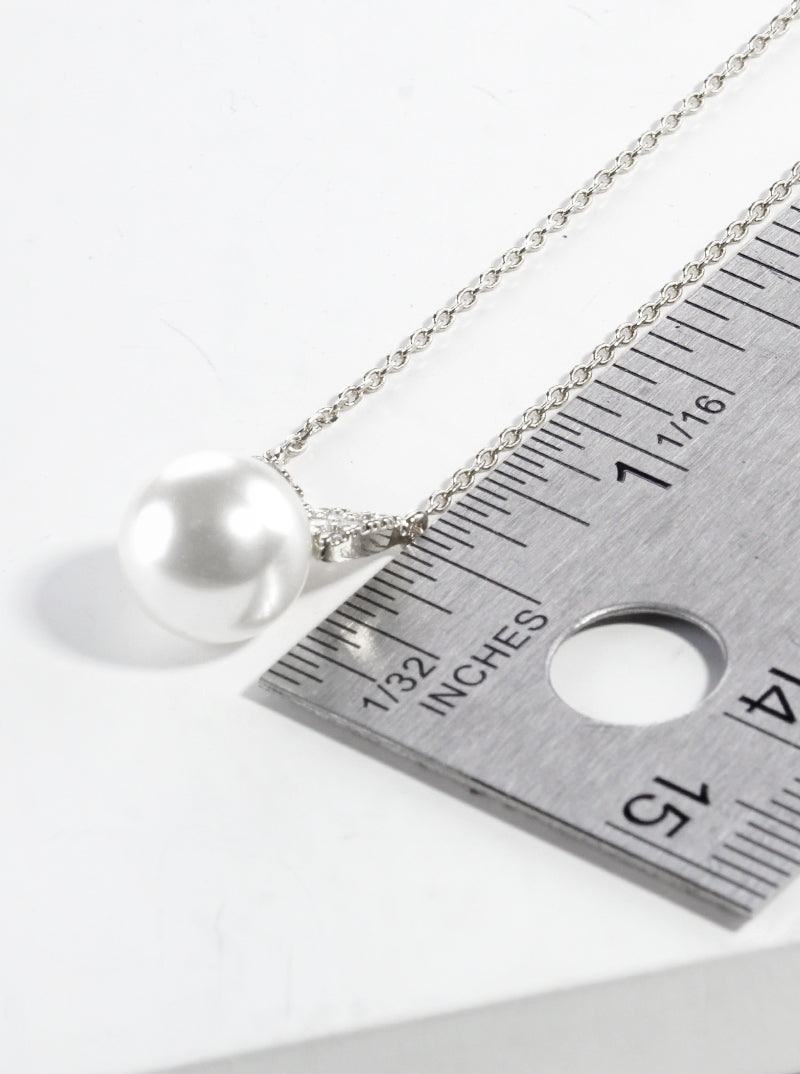 White Gold Dipped CZ Pave Ribbon Bow Pearl Pendant Necklace