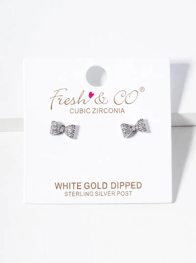 White Gold Dipped CZ Pave Ribbon Bow Post Stud Earrings