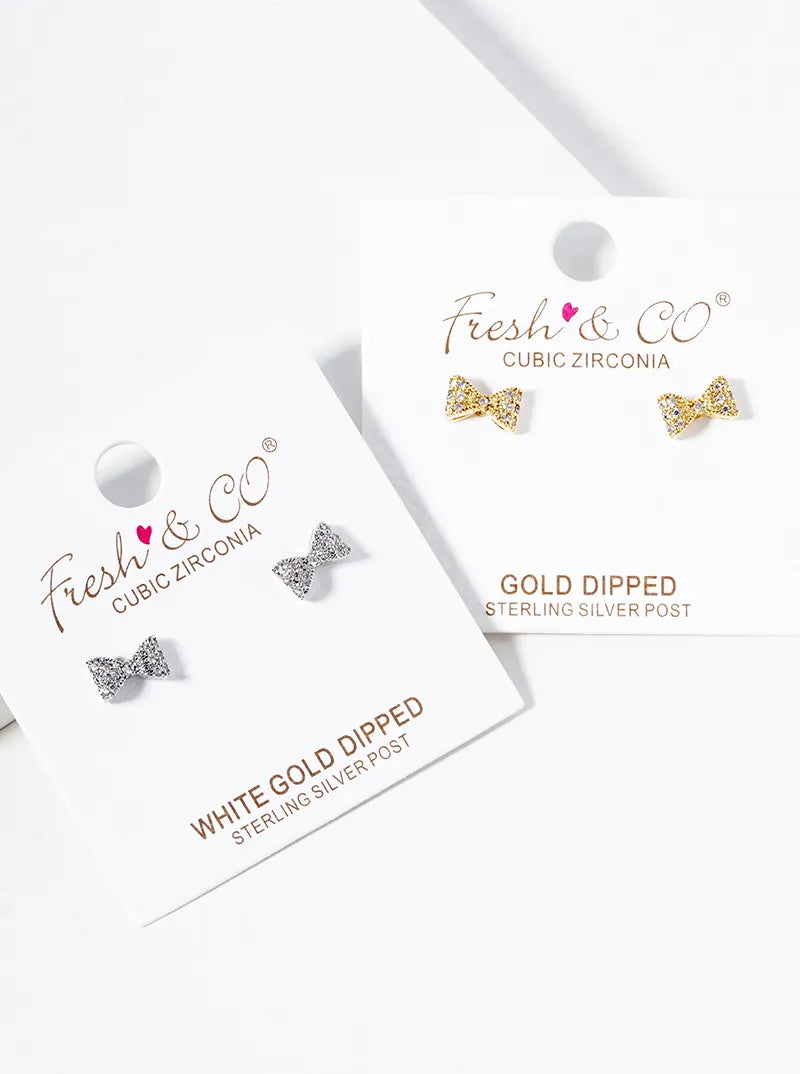 White Gold Dipped CZ Pave Ribbon Bow Post Stud Earrings