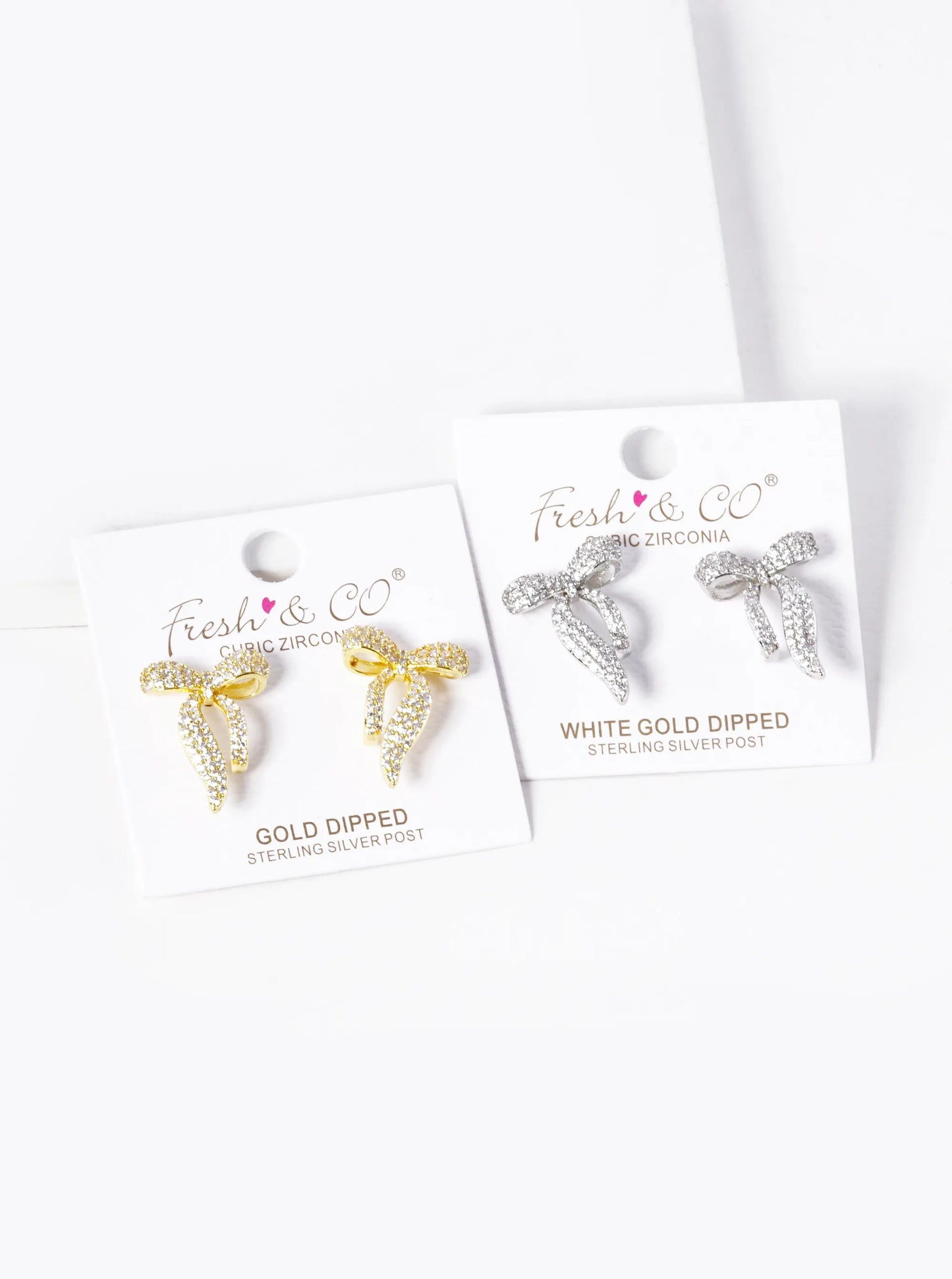 White Gold Dipped CZ Pave Ribbon Bow Stud Earrings