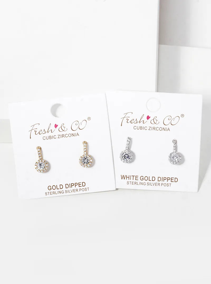 White Gold Dipped CZ Pave Round Drop Stud Earrings