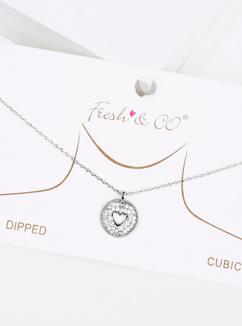 White Gold Dipped CZ Pave Round Heart Pendant Necklace