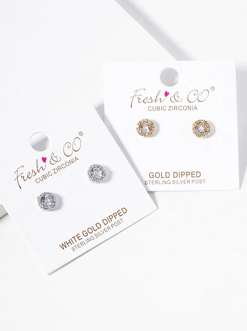 White Gold Dipped CZ Pave Round Post Stud Earrings