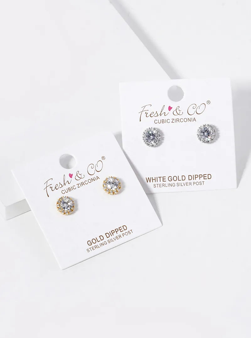 White Gold Dipped CZ Pave Round Stud Earrings