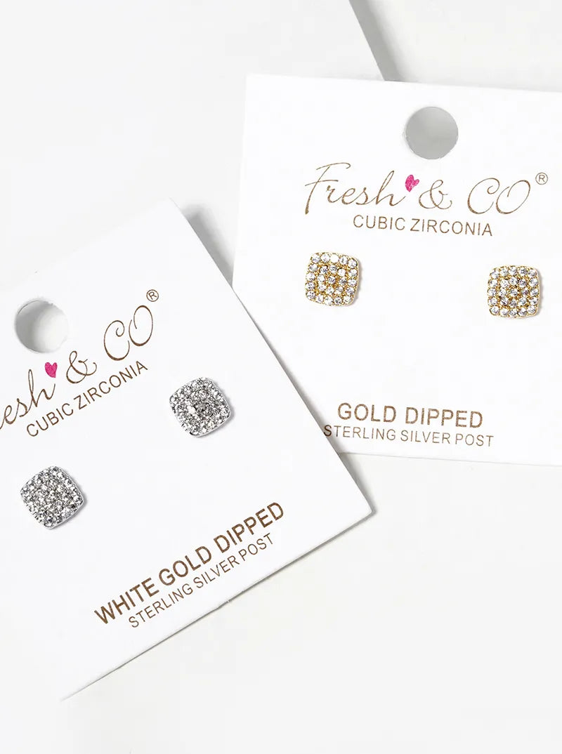 White Gold Dipped CZ Pave Rounded Square Post Stud Earrings