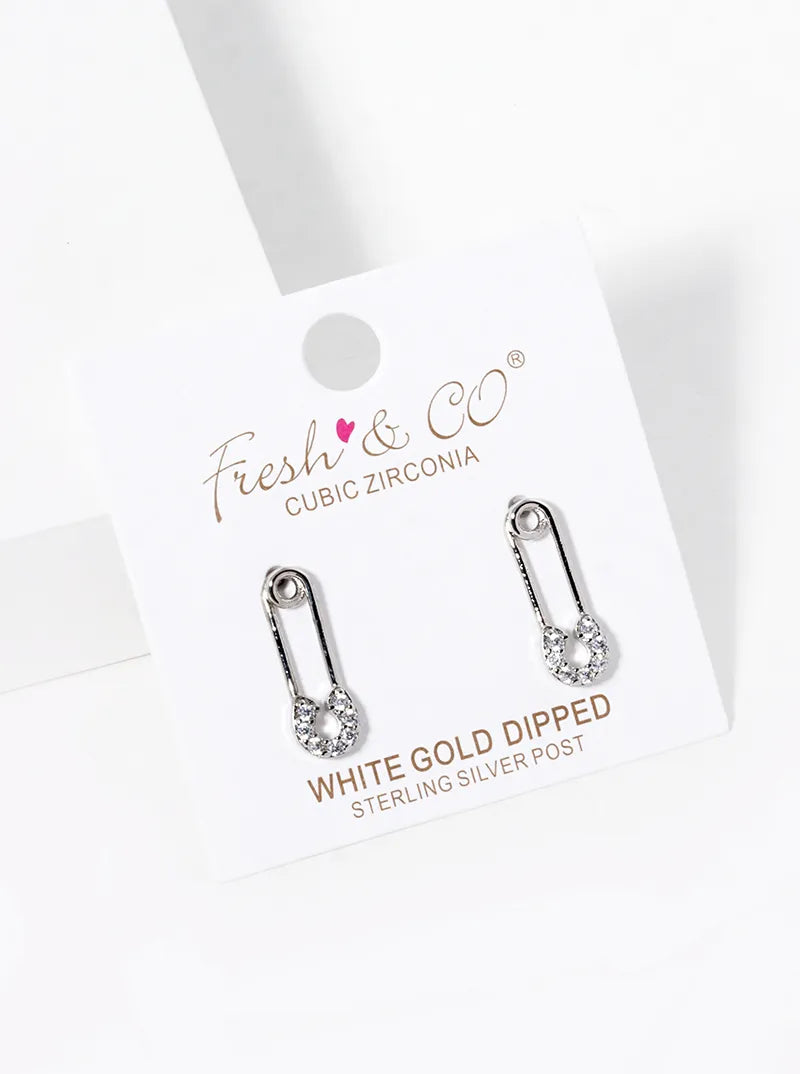 White Gold Dipped CZ Pave Safety Pin Stud Earrings
