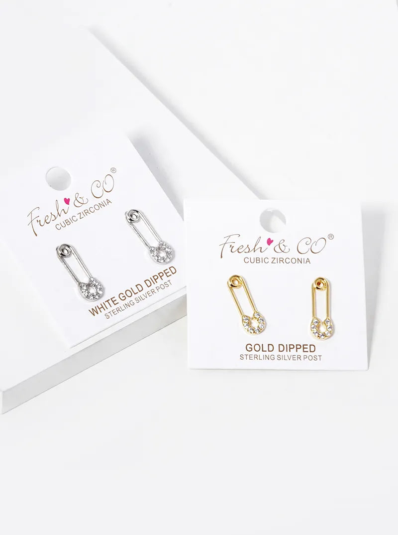 White Gold Dipped CZ Pave Safety Pin Stud Earrings