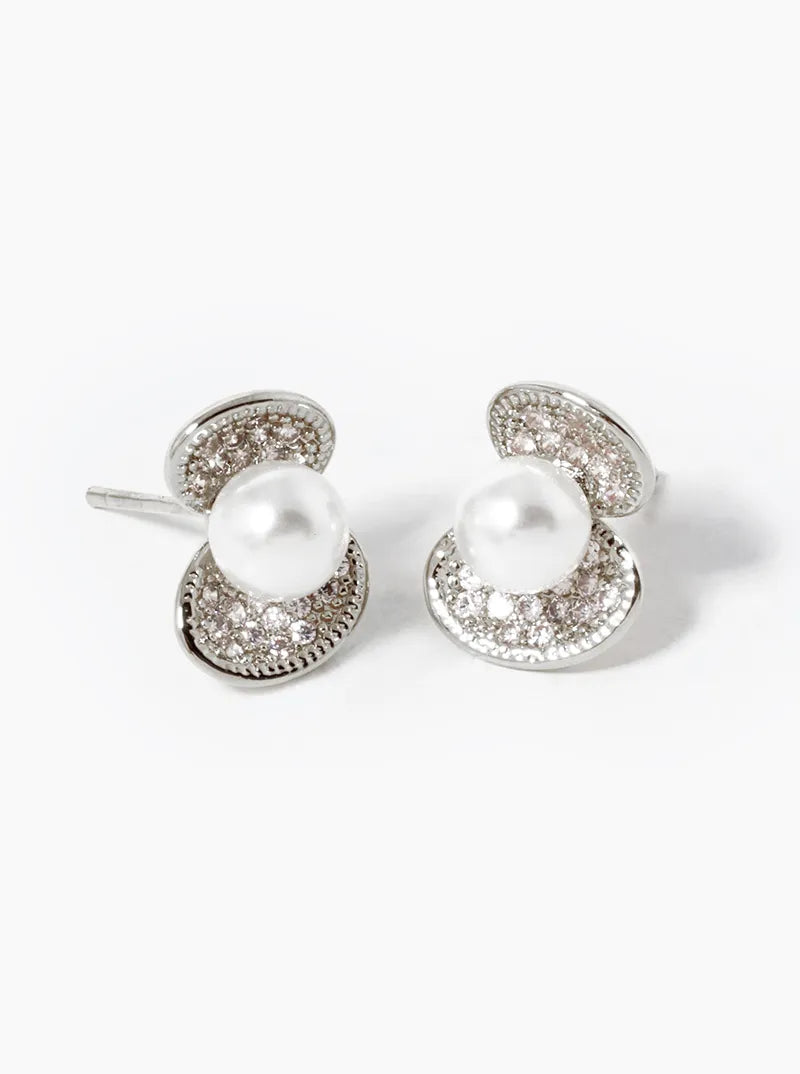 White Gold Dipped CZ Pave Shell With Pearls Stud Earrings