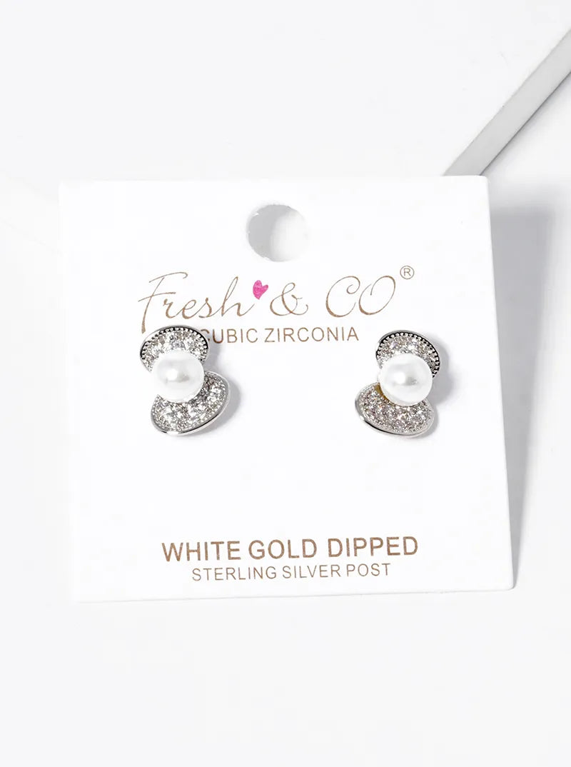 White Gold Dipped CZ Pave Shell With Pearls Stud Earrings