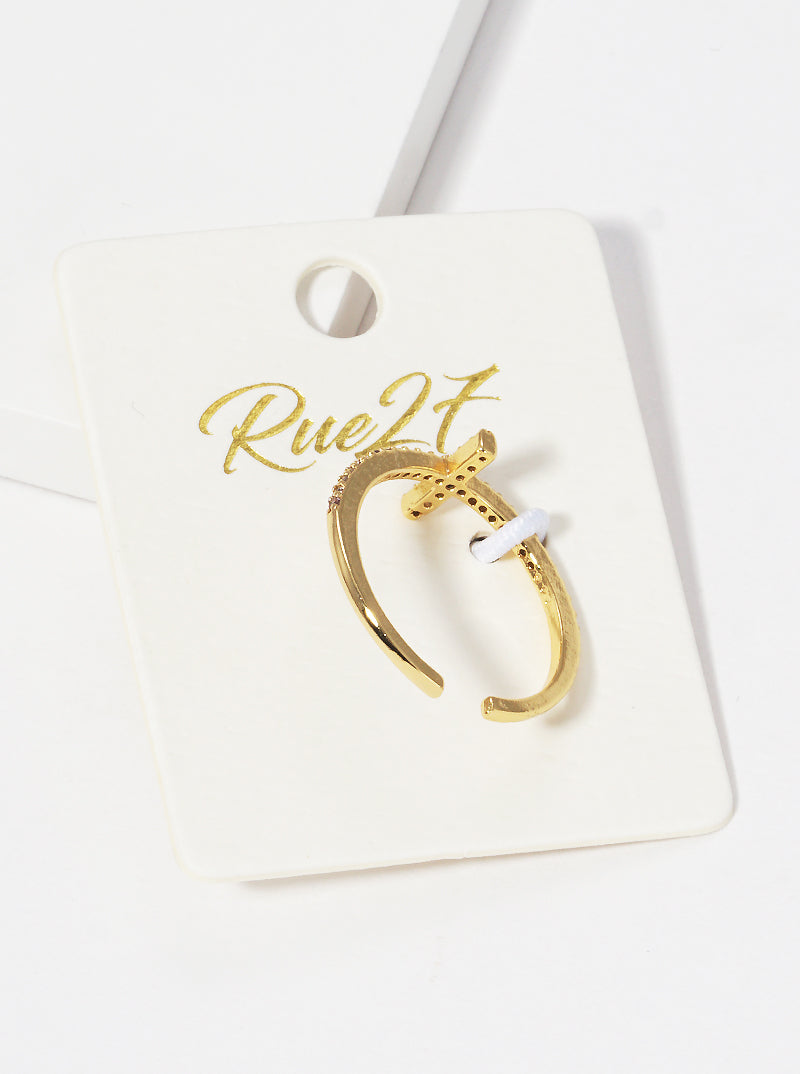 White Gold Dipped CZ Pave Sideways Cross Adjustable Cuff Ring