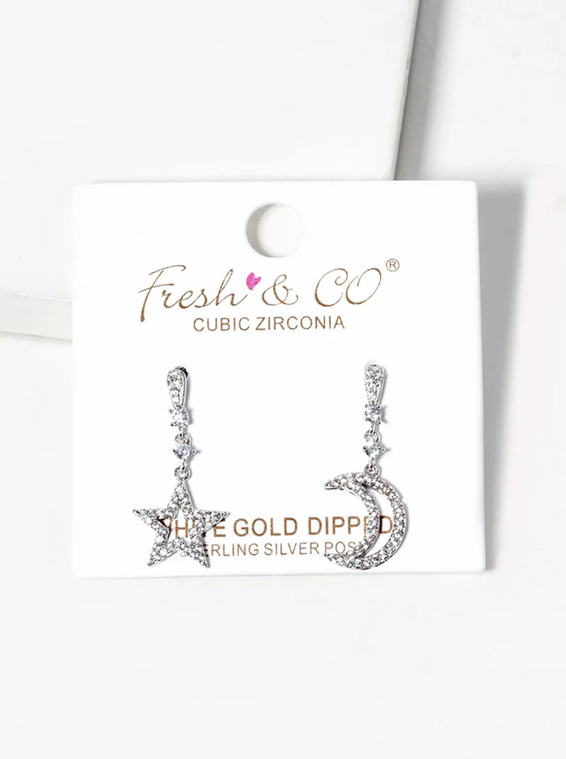 White Gold Dipped CZ Pave Star And Moon Drop Dangle Post Earrings