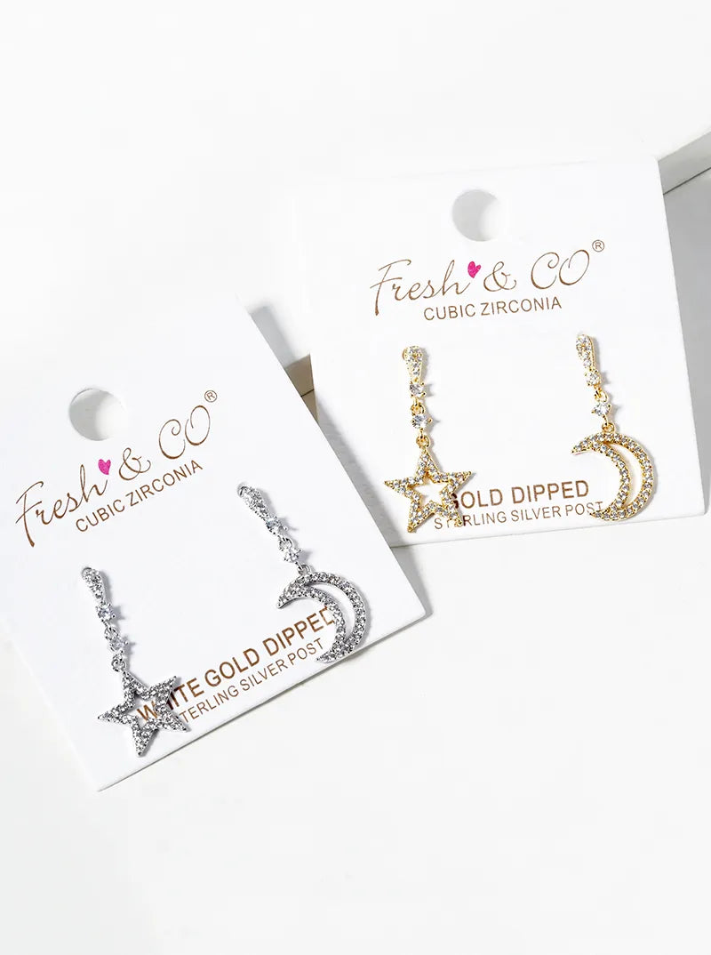White Gold Dipped CZ Pave Star And Moon Drop Dangle Post Earrings
