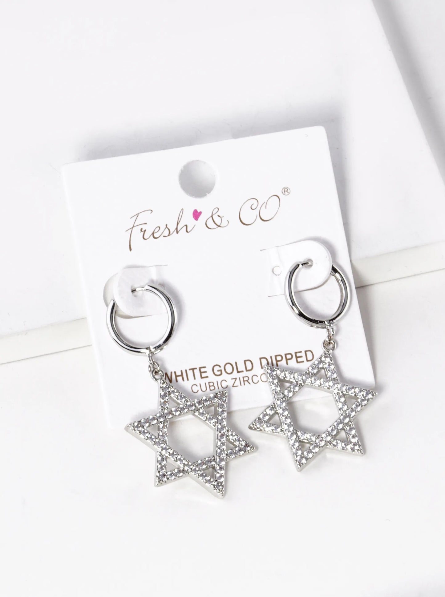 White Gold Dipped CZ Pave Star Of David Drop 12mm Huggie Hoop Earrings