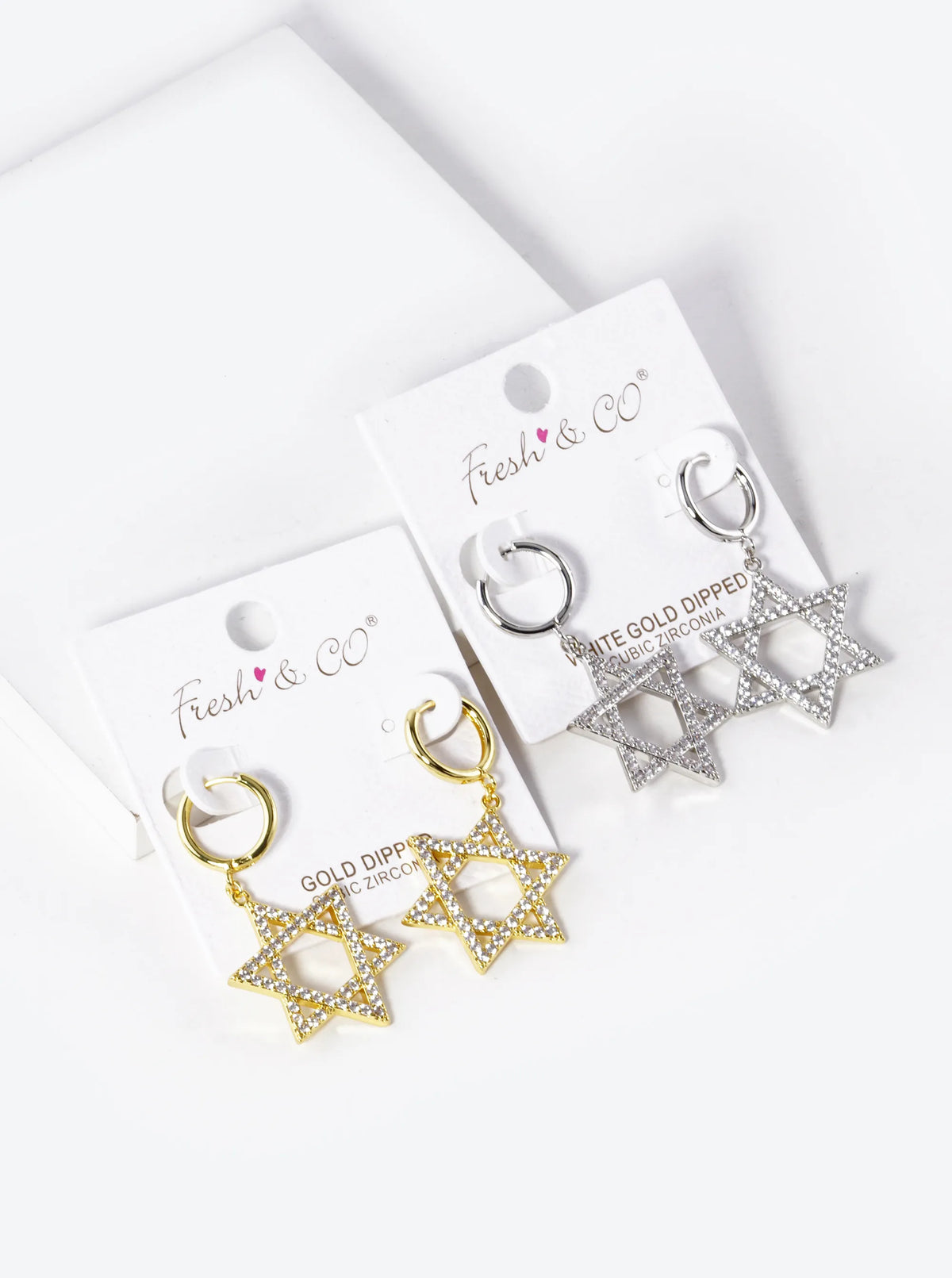 White Gold Dipped CZ Pave Star Of David Drop 12mm Huggie Hoop Earrings