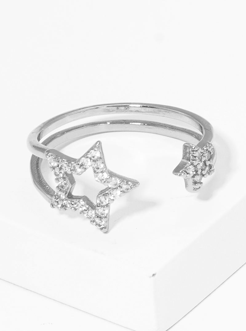 White Gold Dipped CZ Pave Stars Adjustable Cuff Ring