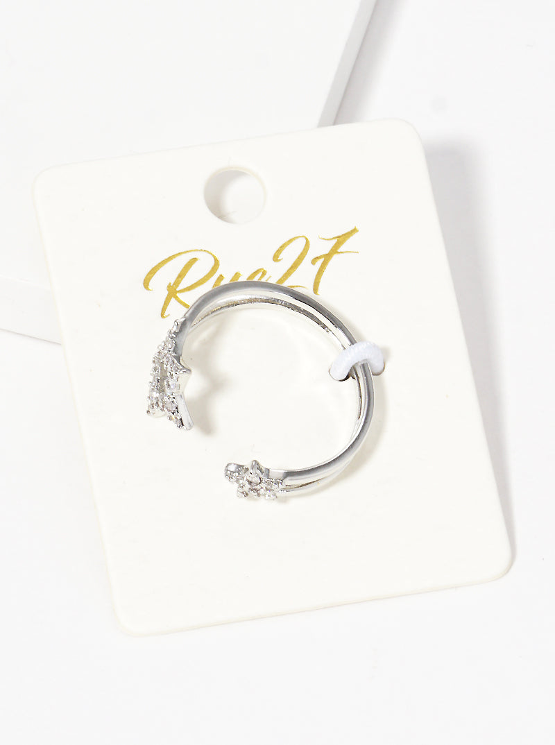 White Gold Dipped CZ Pave Stars Adjustable Cuff Ring