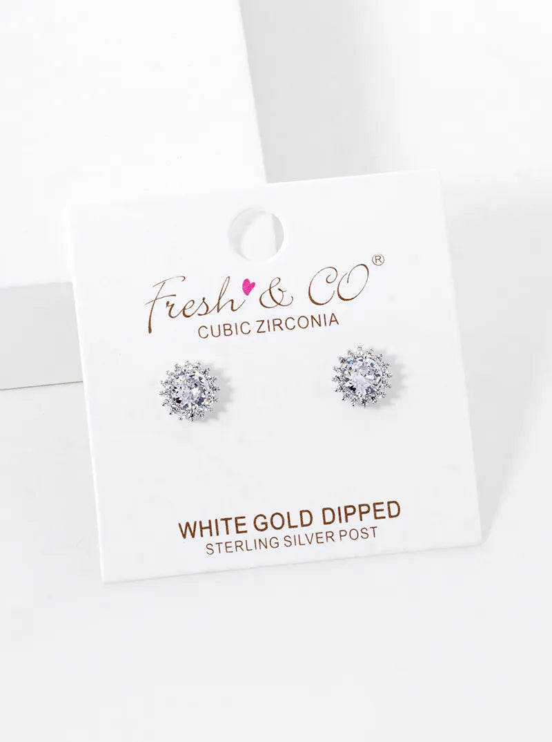 White Gold Dipped CZ Pave Stud Earrings