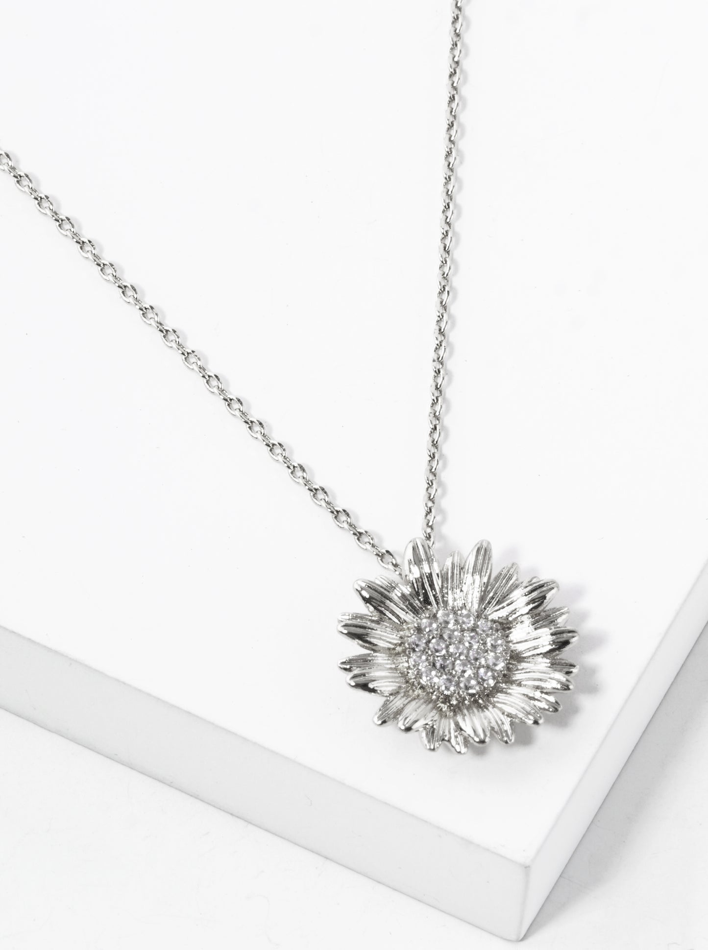 White Gold Dipped CZ Pave Sunflower Pendant Necklace