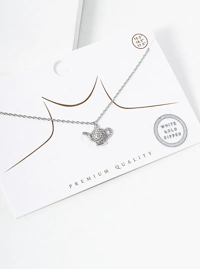 White Gold Dipped CZ Pave Teapot Pendant Necklace