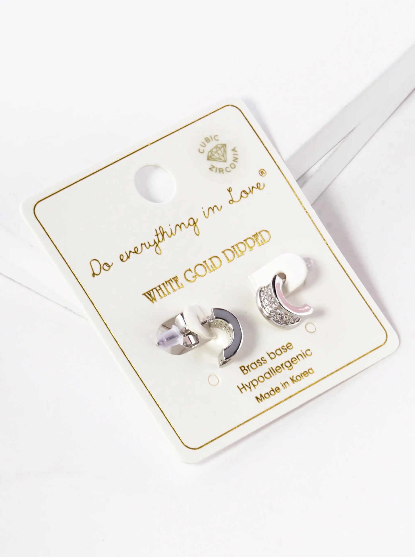 White Gold Dipped CZ Pave Tiny Half Circle Stud Earrings